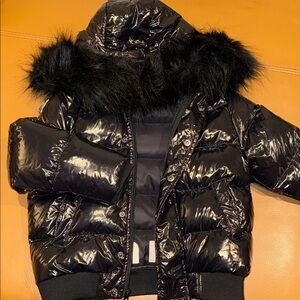 Kids Black Puffer Jacket with Faux Fur Hood